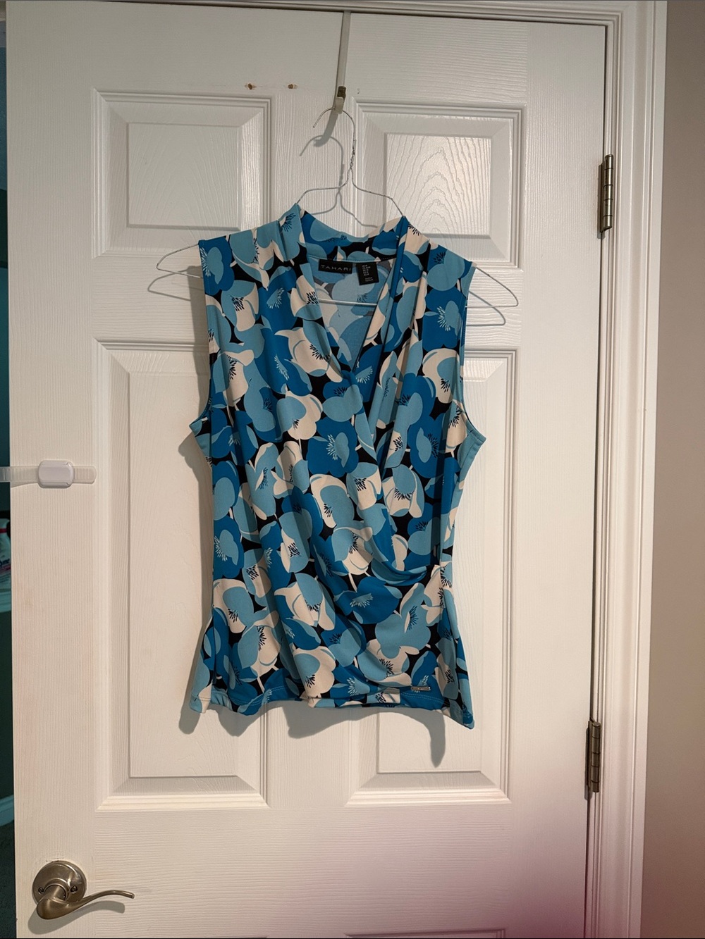 Tahari Blue and Cream Floral Faux-Wrap Sleeveless Camisole